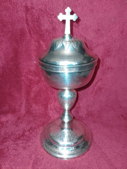 ANCIEN CIBOIRE METAL ARGENTÉ ET COUP EN VERMEIL/XIXème/H.25cm,DIAM.COUPE 9,5 cm