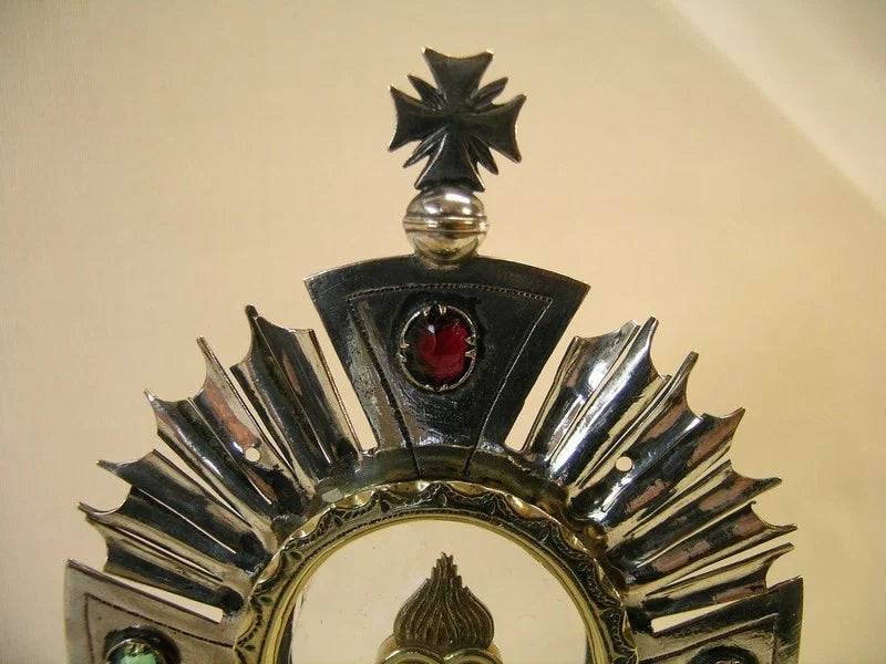 Ancien reliquaire ostensoir plaqué argent avec relique dorée vraie croix Jésus