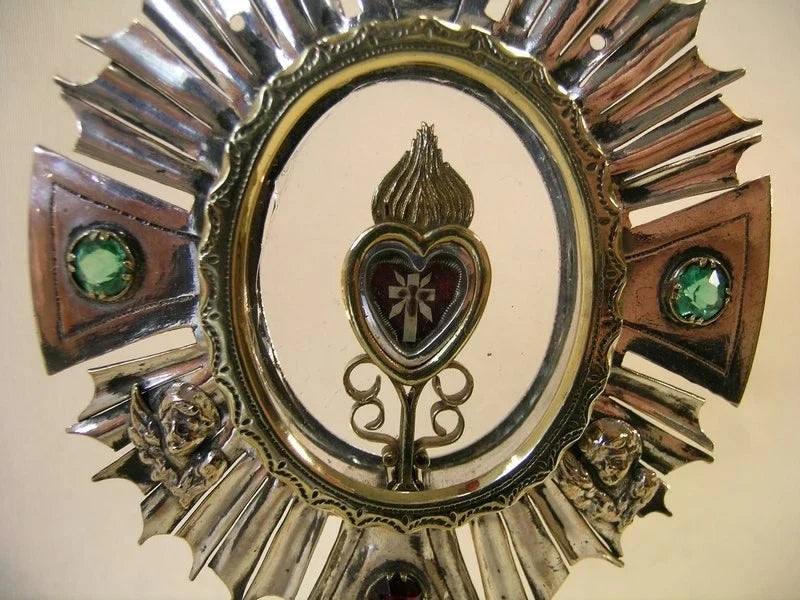 Ancien reliquaire ostensoir plaqué argent avec relique dorée vraie croix Jésus