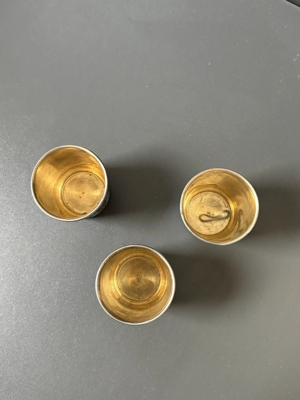 Lot 3 Gobelets En Argent Massif Émaillé Cloisonné Russian Sterling 19 Siècle