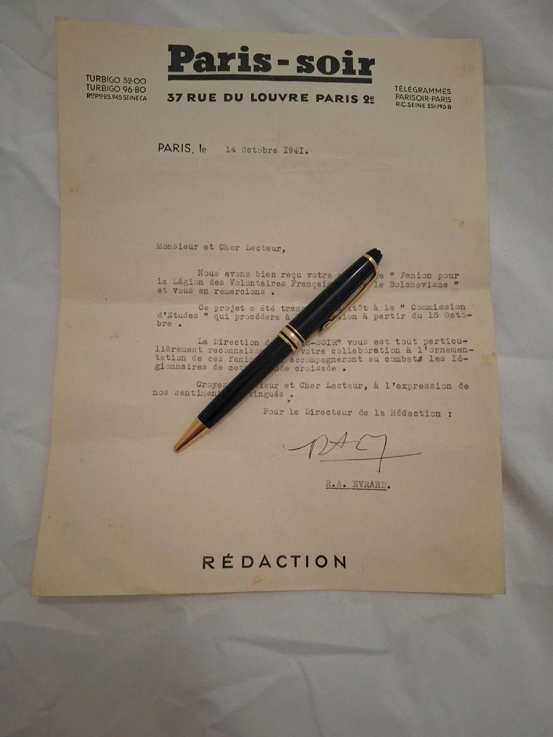 Tres Rare Document Drapeau LVF Legion Volontaires Francais Collaboration