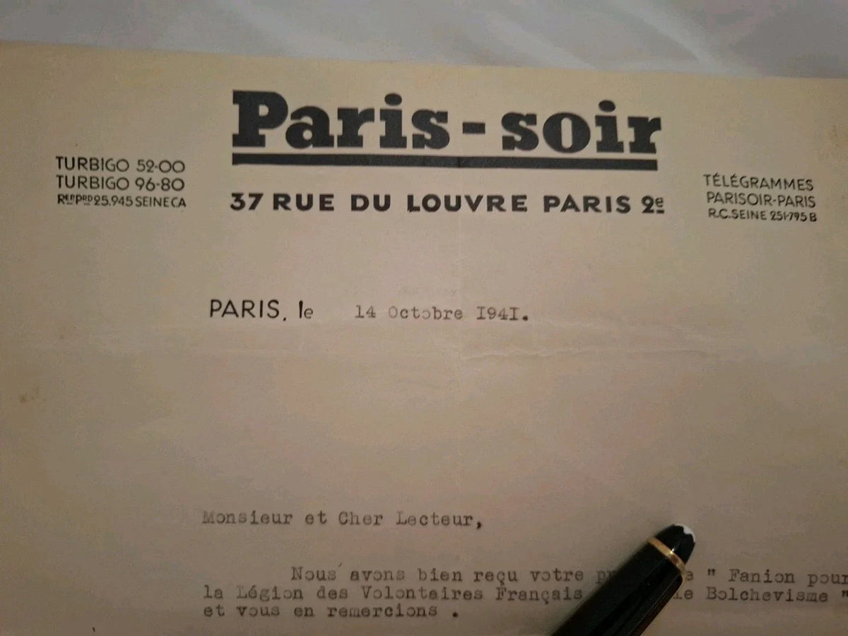 Tres Rare Document Drapeau LVF Legion Volontaires Francais Collaboration