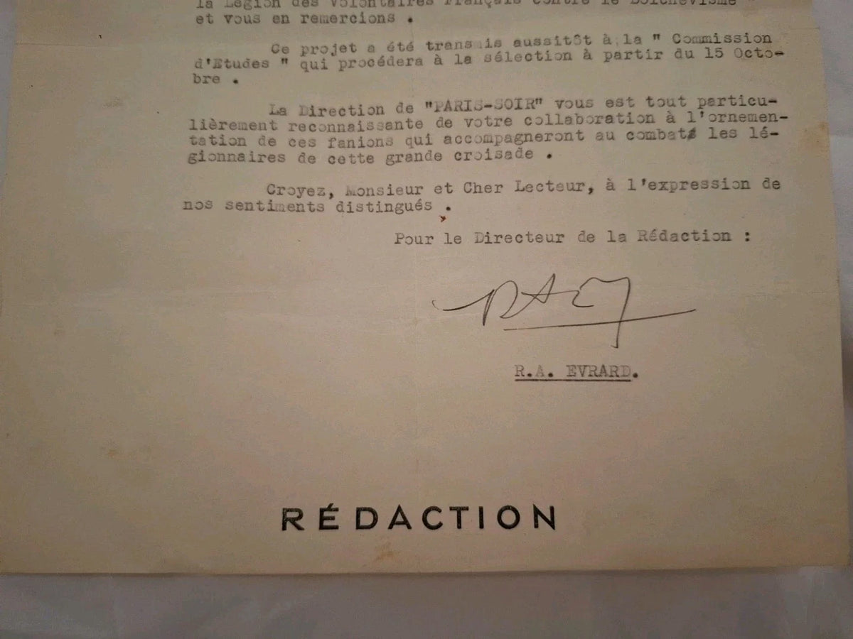 Tres Rare Document Drapeau LVF Legion Volontaires Francais Collaboration