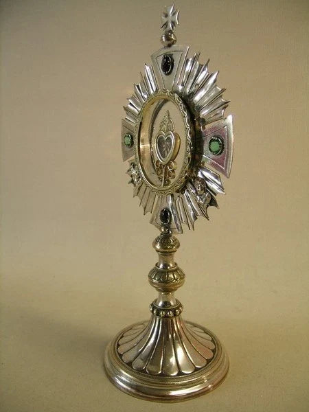 Ancien reliquaire ostensoir plaqué argent avec relique dorée vraie croix Jésus