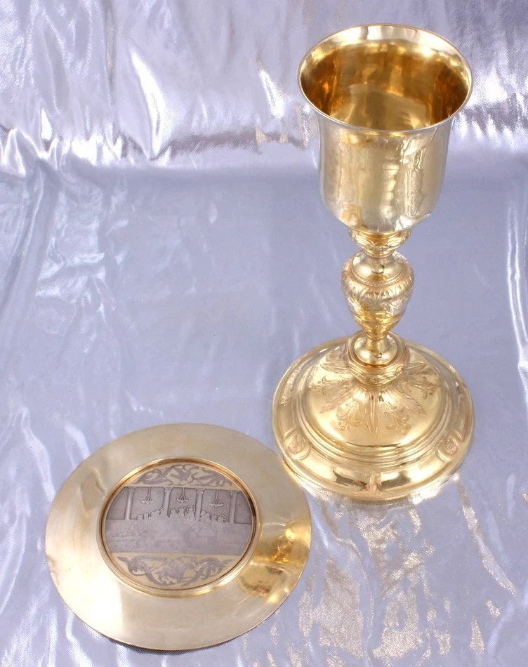 SUPERBE GRAND CALICE AVEC PATENE ARGENT MASSIF VERMEIL 1 COQ FIN XVIII SIECLE