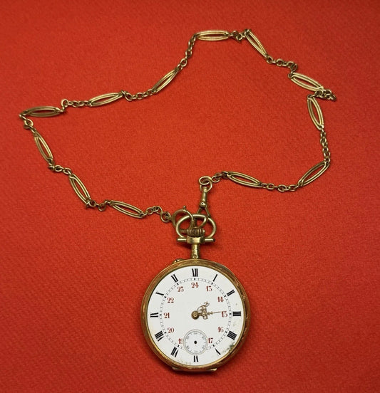 Montre gousset très ancienne en or avec chaîne en or – aiguilles en or