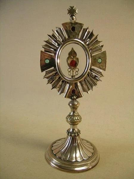 Ancien reliquaire ostensoir plaqué argent avec relique dorée vraie croix Jésus