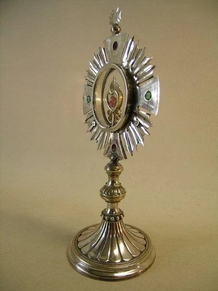 Ancien reliquaire ostensoir plaqué argent avec relique dorée vraie croix Jésus