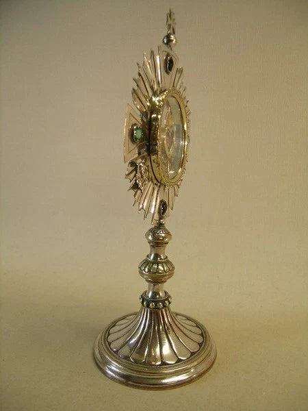 Ancien reliquaire ostensoir plaqué argent avec relique dorée vraie croix Jésus