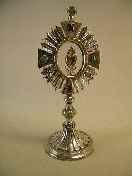 Ancien reliquaire ostensoir plaqué argent avec relique dorée vraie croix Jésus