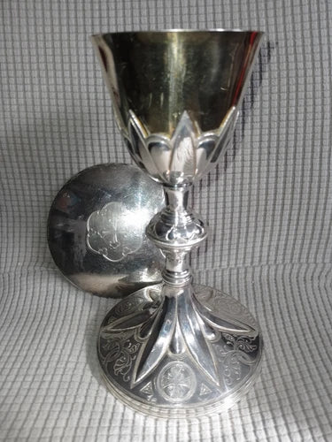 ANCIEN CALICE +PATENE/COUPE ARGENT VERMEIL MINERVE/PIED METAL/XIXè/GOTHIQUE/23cm