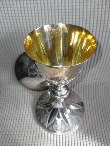 ANCIEN CALICE +PATENE/COUPE ARGENT VERMEIL MINERVE/PIED METAL/XIXè/GOTHIQUE/23cm