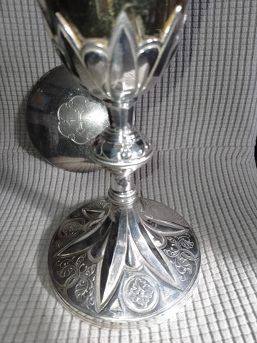 ANCIEN CALICE +PATENE/COUPE ARGENT VERMEIL MINERVE/PIED METAL/XIXè/GOTHIQUE/23cm