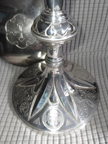 ANCIEN CALICE +PATENE/COUPE ARGENT VERMEIL MINERVE/PIED METAL/XIXè/GOTHIQUE/23cm