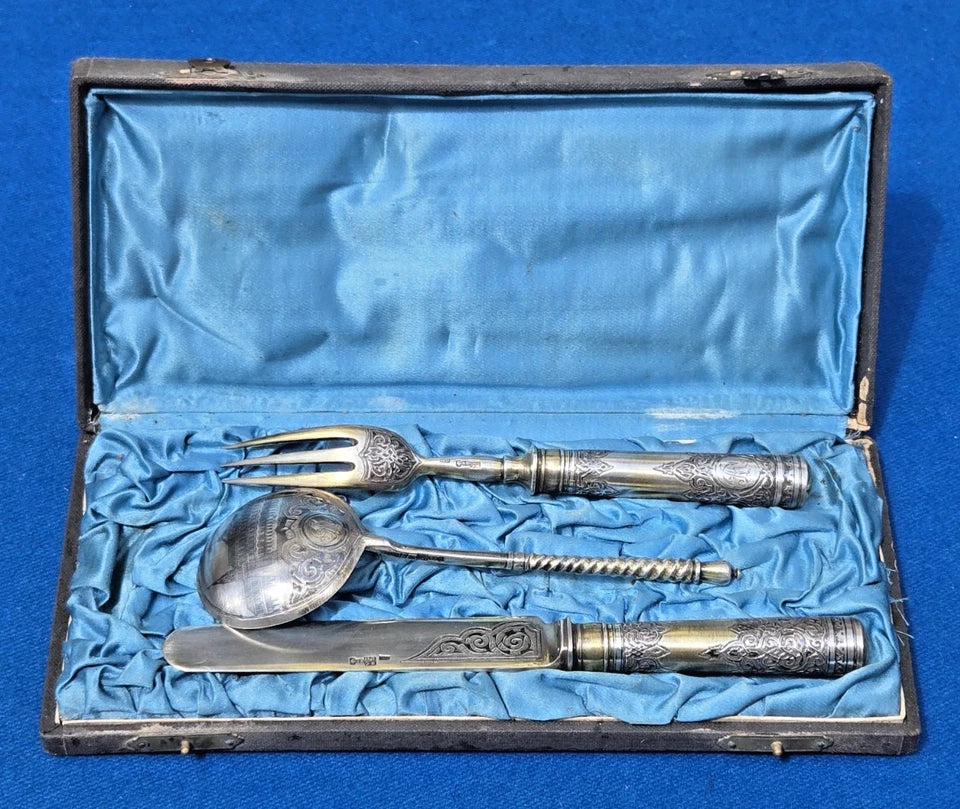 Jolies couverts anciens en ARGENT et VERMEIL RUSSE IMPERIALE NIELLE 84