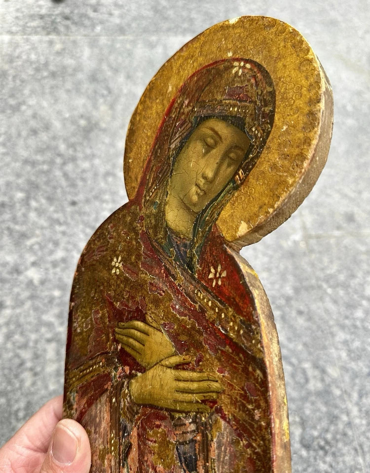 Tableau Ancien Portrait Vierge Marie en Prière Peinture Religieuse Icône s/ Bois