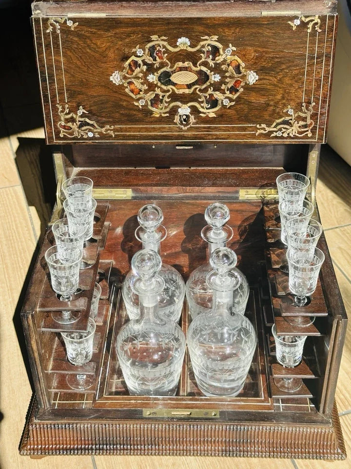 1869 French Boulle Napoleon III Cave a Liqueur 4 Decanters 16 Glasses Tantalus.