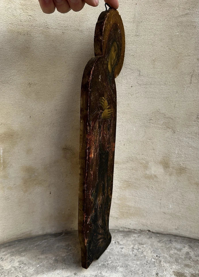 Tableau Ancien Portrait Vierge Marie en Prière Peinture Religieuse Icône s/ Bois