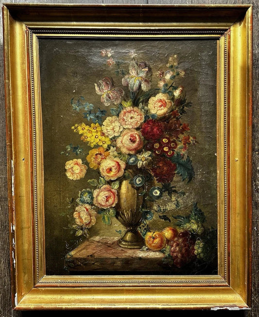 Tableau Ancien Nature Morte Bouquet Vase de Fleurs Fruits Table Peinture 18ème